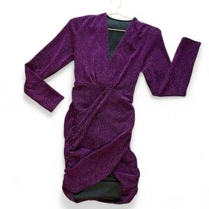 Purple Sparkly Ruched Bodycon Mini Dress – Y2K Glam Deep V Faux Wrap Party Dress